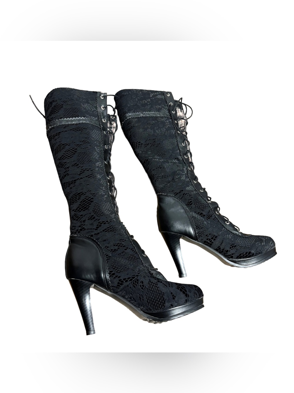 Black Lace-Up Mid-Calf Heeled Boots